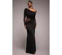 Goddiva Gathered Cowl Asymmetric Mesh And Soft Touch Maxi Dress In Black Black 8
