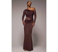 Goddiva Gathered Cowl Asymmetric Mesh And Soft Touch Maxi Dress In Brown Brown 8
