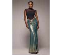 Goddiva Gathered Front Dipped Waist Foil Maxi Skirt - Gold by Goddiva - Gold - M