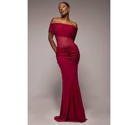 Goddiva Gathered Off The Shoulder Mesh Waist Panel Maxi Dress In Wine Wine