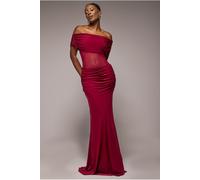 Goddiva Gathered Off The Shoulder Mesh Waist Panel Maxi Dress - Wine by Goddiva - Wine - 12