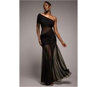 Goddiva Gathered One Shoulder Sheer Panel Maxi Dress - Black by Goddiva - Black - 12