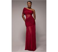 Goddiva Gathered One Shoulder Sheer Panel Maxi Dress - Wine by Goddiva - Wine - 10