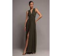Goddiva Gathered Shoulder Wrap Neck Draped Waist Maxi Dress In Khaki Khaki