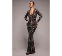 Goddiva Geo Sequin Long Sleeve Maxi Dress - Black by Goddiva - Black - 8