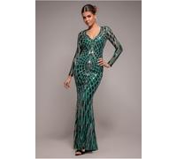 Goddiva Geo Sequin Long Sleeve Maxi Dress - Emerald by Goddiva - Emerald - 14
