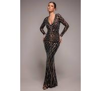 Goddiva Geo Sequin Long Sleeve Maxi Dress In Black Black 12