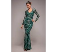 Goddiva Geo Sequin Long Sleeve Maxi Dress In Emerald Emerald 12