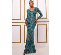 Goddiva Geo Sequin Long Sleeve Maxi Dress In Emerald Emerald 14