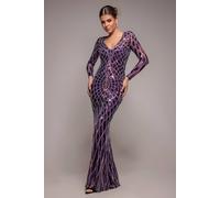 Goddiva Geo Sequin Long Sleeve Maxi Dress In Purple Purple 10