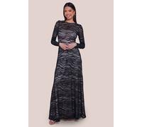Goddiva Geo Wave Flare Skirt Long Sleeve Maxi Dress In Black Black