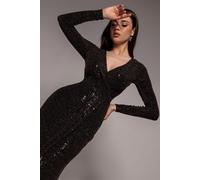 Goddiva Glitter Lurex Long Sleeve Wrap Maxi Dress - Black by Goddiva - Black - 16