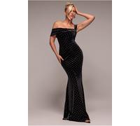 Goddiva Glitter Polka Dot Velvet One Shoulder Maxi Dress - Black by Goddiva - Black - 12