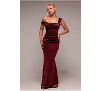 Goddiva Glitter Polka Dot Velvet One Shoulder Maxi Dress - Wine by Goddiva - Wine - 18