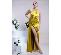 Goddiva Halter Neck Front Split Satin Maxi Dress - Lime Green by Goddiva - Lime - 12