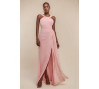 Goddiva Halterneck Thigh Split Chiffon Maxi Dress - Blush Pink by Goddiva - Blush Pink - 16
