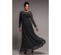 Goddiva Hotfix Diamante Mesh A Line Long Sleeve Maxi Dress In Black Black