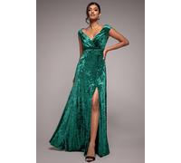 Goddiva Ice Velvet Bardot Wrap Maxi In Emerald Emerald 18
