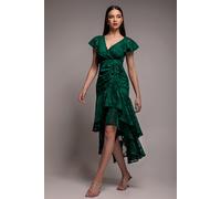 Goddiva Jacquard Chiffon Wrap High Low Midaxi Dress - Emerald Green by Goddiva - Emerald - 10
