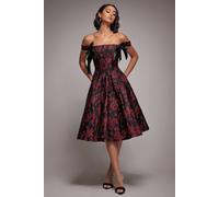 Goddiva Jacquard Multiway Bow Strap Skater Midi Dress In Black Black