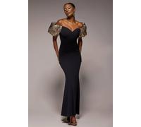 Goddiva Jacquard Puff Sleeve Sweetheart Scuba Maxi Dress In Black Black 18