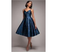 Goddiva Jacquard Sleeveless A-line Midi Dress - Navy Blue by Goddiva - Navy Blue - 14
