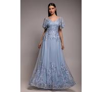 Goddiva Lace Flutter Sleeve Embroidered Mesh A Line Maxi Dress In Blue Blue 10