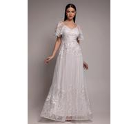Goddiva Lace Flutter Sleeve Embroidered Mesh A Line Maxi Dress - White by Goddiva - White - 12