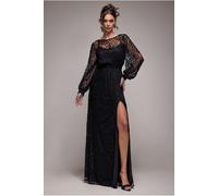 Goddiva Lace Long Sleeve Shirred Waist Maxi Dress - Black by Goddiva - Black - 18