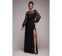 Goddiva Lace Long Sleeve Shirred Waist Maxi Dress In Black Black 12