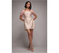 Goddiva Lace Up Jacquard Mini Dress With Organza Wings - Blush Pink by Goddiva - Blush Pink - 8