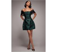 Goddiva Lace Up Jacquard Mini Dress With Organza Wings - Emerald Black by Goddiva - Emerald Black - 8