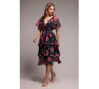 Goddiva Layered Floral Midi Flutter Sleeves - Blackfloral by Goddiva - Black Floral - 18