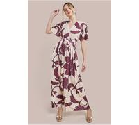 Goddiva Leaf Print Flutter Sleeve Maxi Dress - Cream by Goddiva - Cream - 8