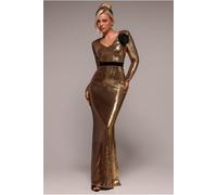 Goddiva Liquid Sequin Corsage Maxi Dress - Gold by Goddiva - Gold - 8
