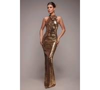 Goddiva Liquid Sequin Halterneck Maxi With Corsage In Gold Gold 14
