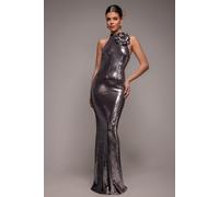 Goddiva Liquid Sequin Halterneck Maxi With Corsage - Silver by Goddiva - Silver - 16