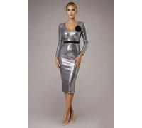 Goddiva Liquid Sequin Midi Dress With Corsage - Silver by Goddiva - Silver - 8