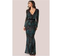 Goddiva Long Sleeve Sequin Evening Maxi Dress - Emerald by Goddiva - Emerald - 8