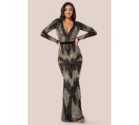 Goddiva Long Sleeve Sequin Evening Maxi Dress In Black Black 8