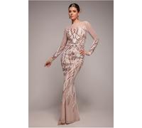 Goddiva Long Sleeve Sequin Flame Maxi - Champagne by Goddiva - Champagne - 10