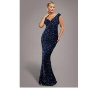 Goddiva Multi Sequin & Velvet Bardot Maxi Dress - Navy Blue by Goddiva - Navy - 18