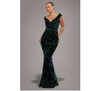 Goddiva Multi Sequin & Velvet Bardot Maxi - Emerald Green by Goddiva - Emerald Green - 18