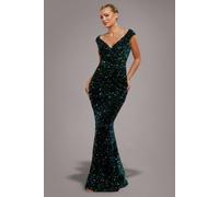 Goddiva Multi Sequin & Velvet Bardot Maxi In Green Green 18