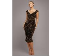 Goddiva Multi Sequin & Velvet Bardot Midi Dress - Gold by Goddiva - Gold - 16