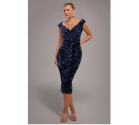 Goddiva Multi Sequin & Velvet Bardot Midi Dress - Navy Blue by Goddiva - Navy - 14