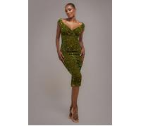 Goddiva Multi Sequin & Velvet Bardot Midi Dress - Olive Green by Goddiva - Olive - 16