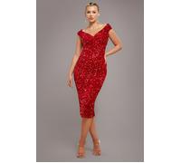 Goddiva Multi Sequin & Velvet Bardot Midi Dress - Red by Goddiva - Red - 18