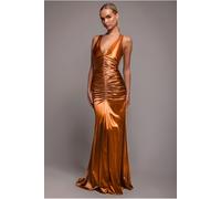 Goddiva Multi-Tied Satin Gathered Ring Maxi Dress - Bronze by Goddiva - Bronze - 8