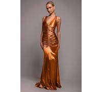Goddiva Multi Tied Satin Gathered Ring Maxi Dress In Gold Gold